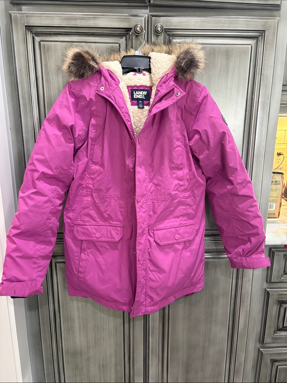 Lands' End Girls' Puffer Jacket with Faux Fur Hood